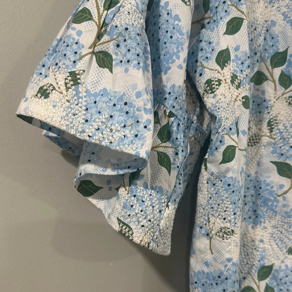 Voy Floral Print Blouse in Blue and White embroidered size S 100% cotton - Picture 2 of 10